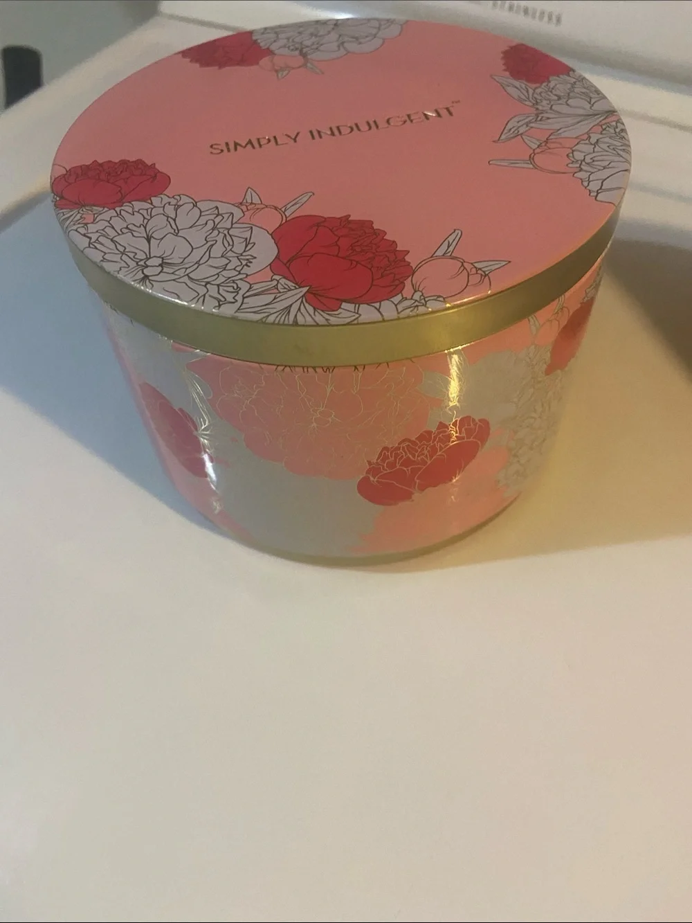 Pink Floral Decorative in Tin can SIMPLY INDULGENT 4 wick candle